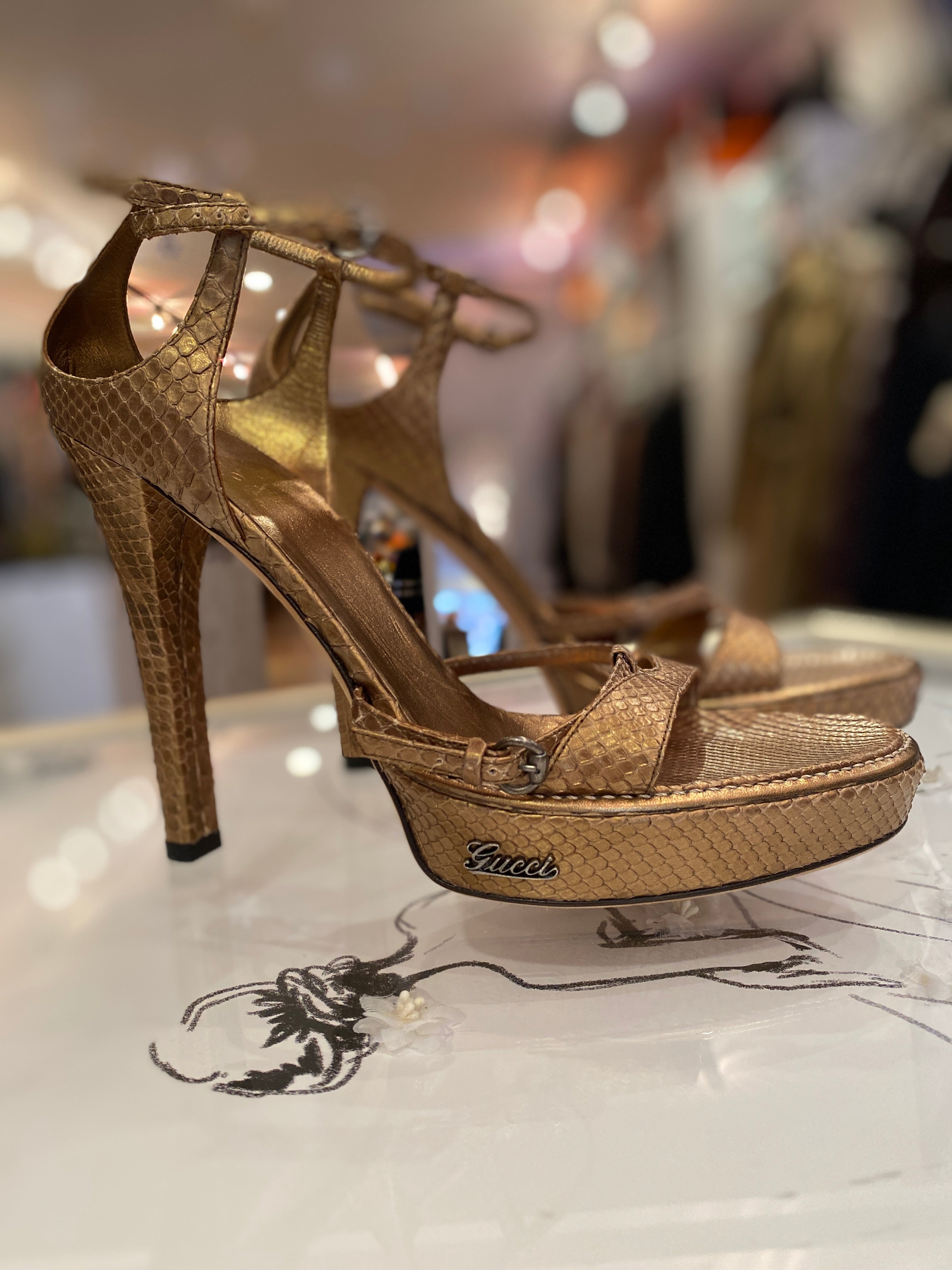 Gucci Bronze Snakeskin Sandals