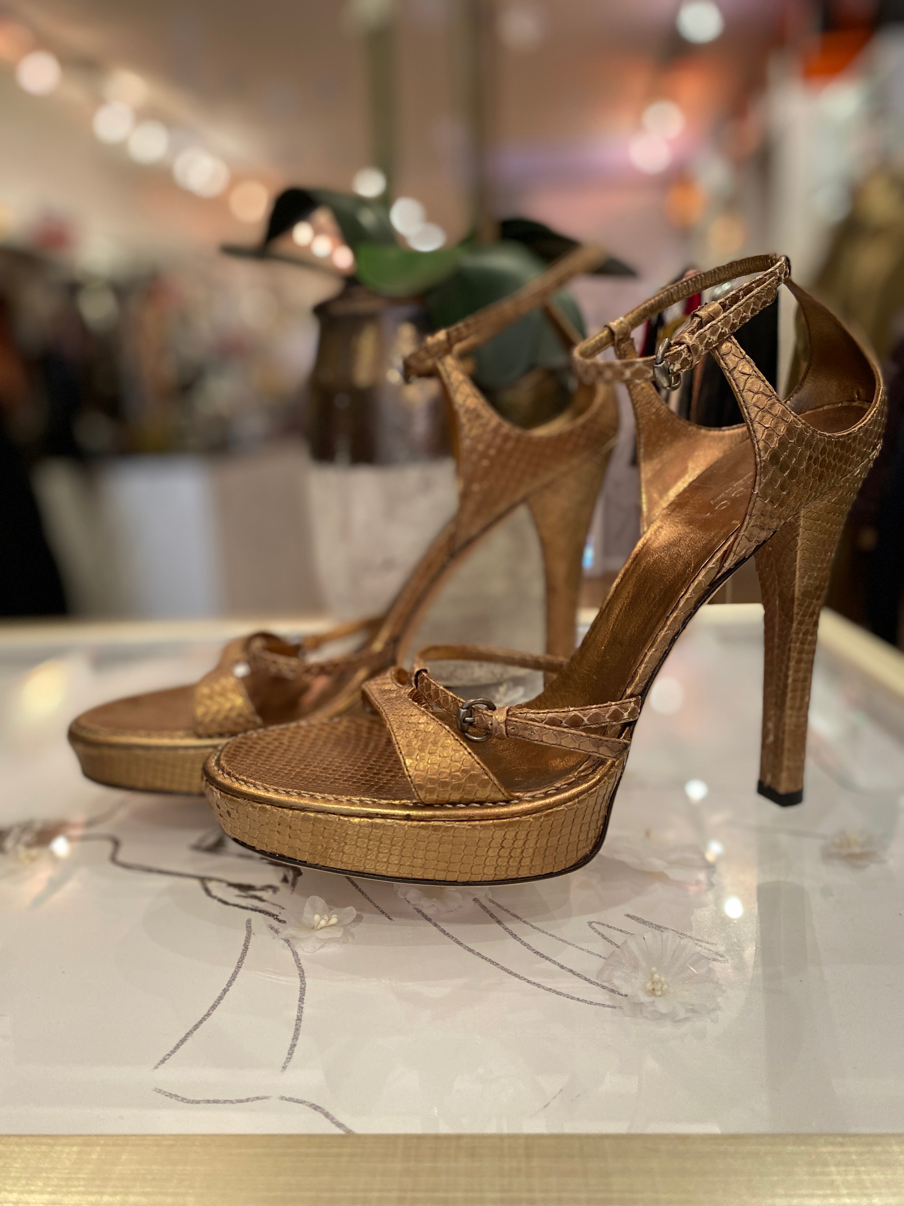 Gucci Bronze Snakeskin Sandals